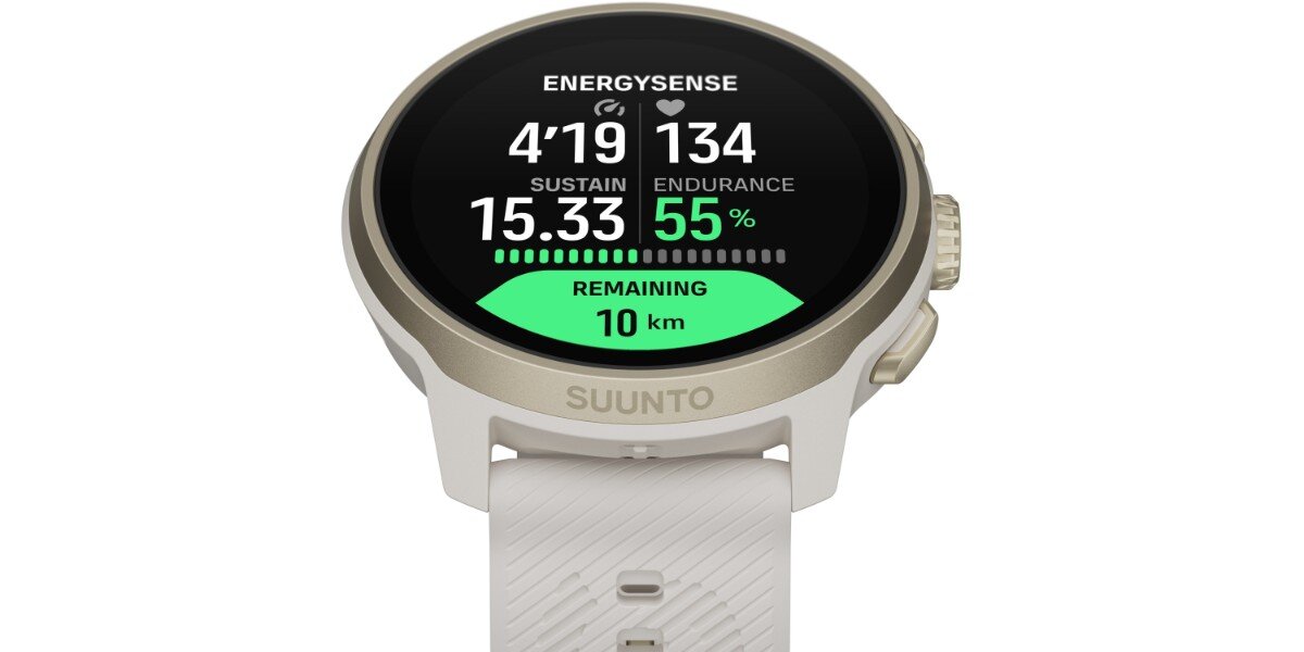 Smartwatch SUUNTO Run 2 Złoty na białym tle - na ekranie urządzenia widoczny jest pomiar tętna.