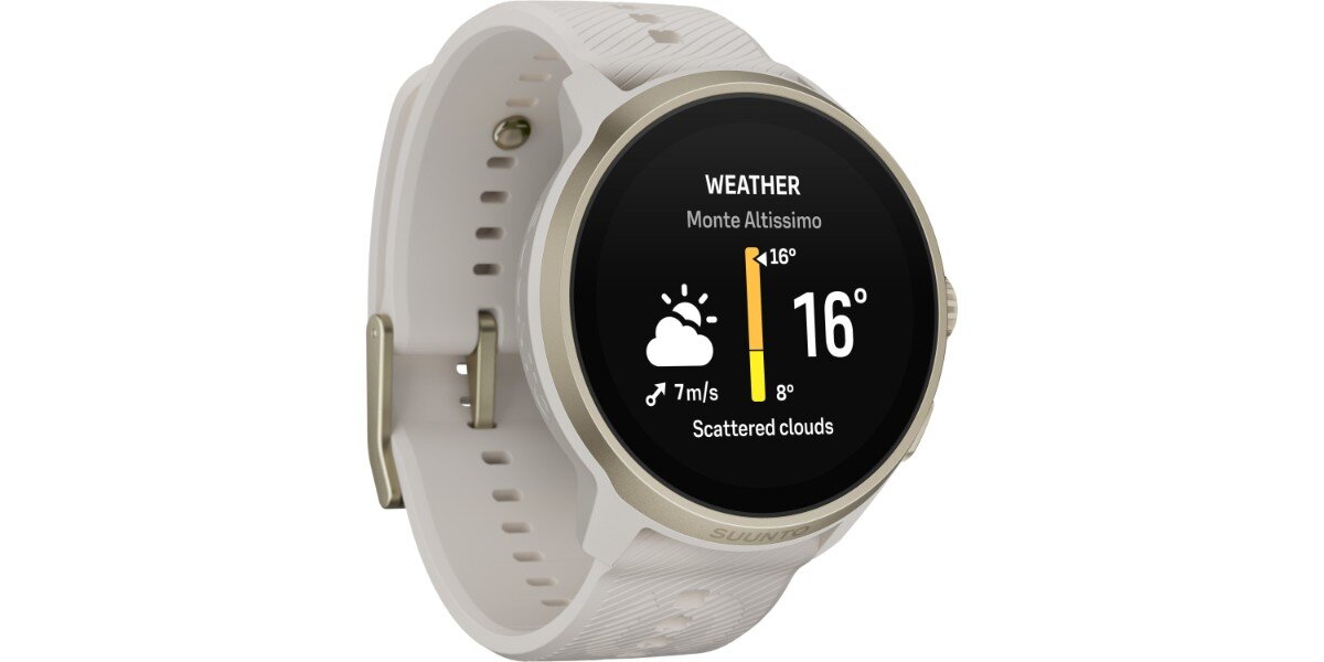Smartwatch SUUNTO Run 2 Złoty na białym tle - na ekranie smartwatcha widoczna jest prognoza pogody.