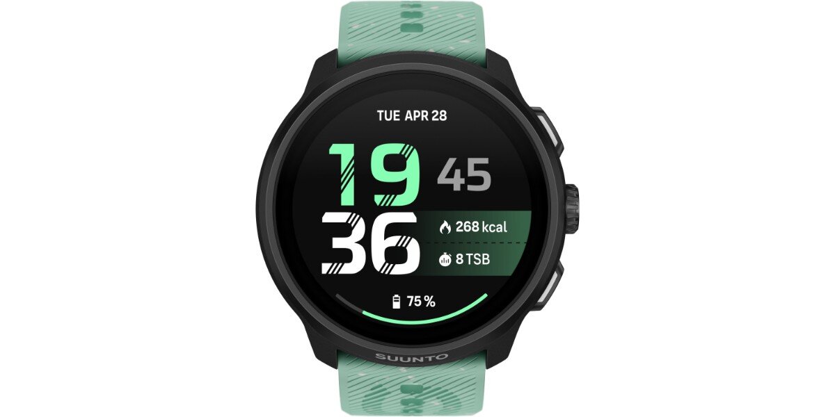 Smartwatch SUUNTO Run 2 Zielony na białym tle - na ekranie urządzenia widoczna jest data, godzina oraz spalone kalorie.