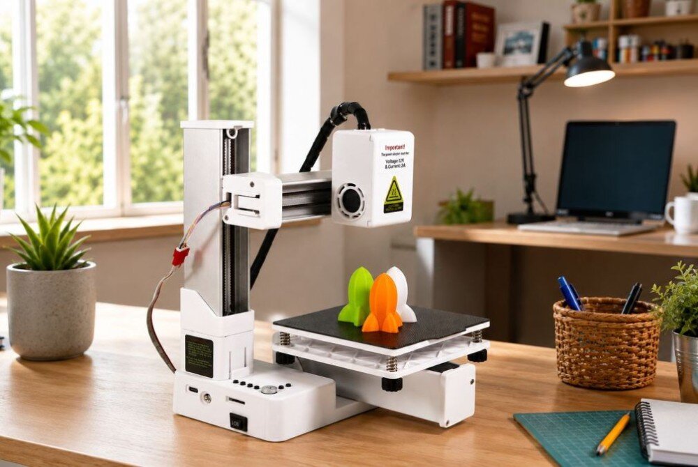 Na biurku stoi drukarka 3D z dwoma kolorowymi modelami rakiet na platformie. W tle widać lampkę, laptopa i rośliny na półkach.