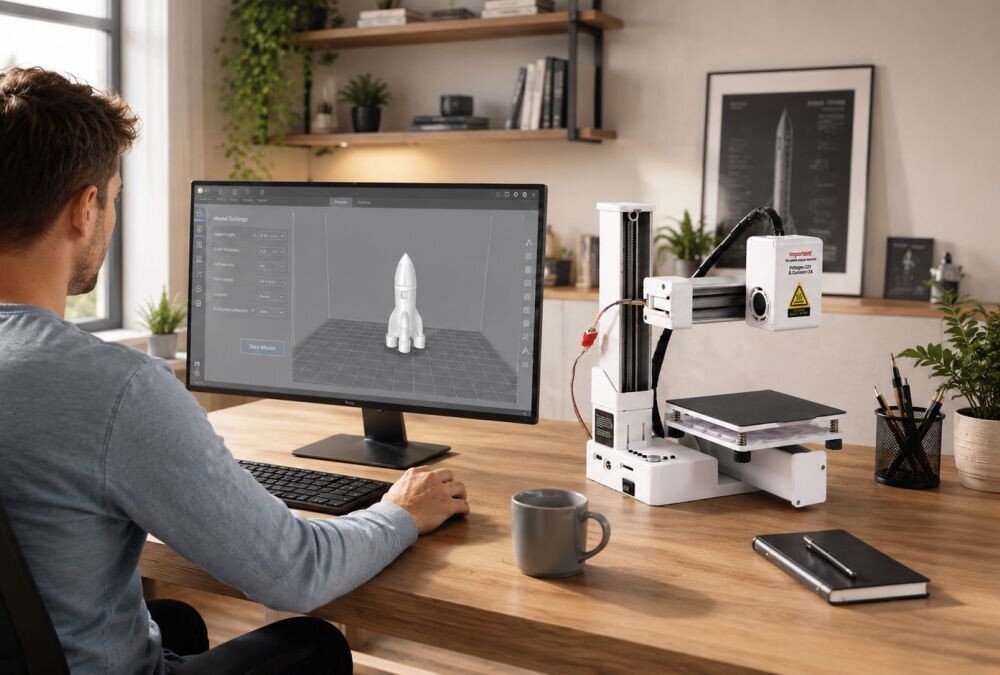 Mężczyzna siedzi przy biurku, patrząc na monitor komputera, na którym wyświetlany jest model 3D rakiety. Obok znajduje się drukarka 3D z widocznym napisem \'media expert\'.