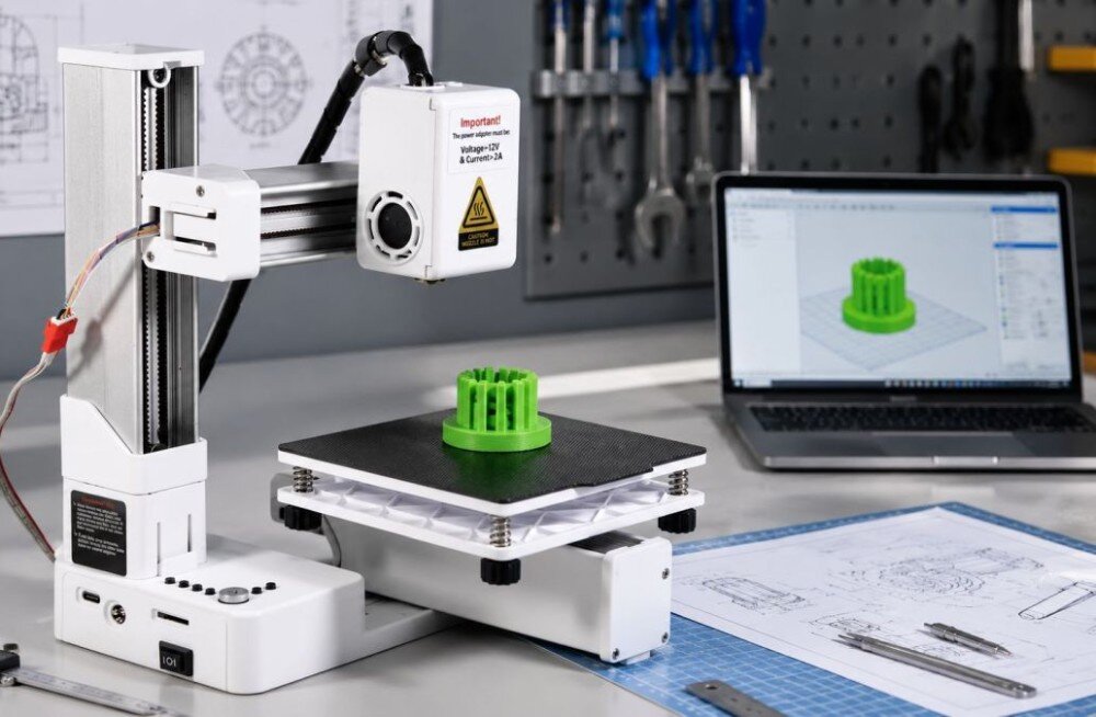 Na stole znajduje się drukarka 3D z zielonym obiektem na platformie roboczej, obok laptop z wyświetlonym modelem 3D. W tle widoczne są narzędzia i rysunki techniczne.