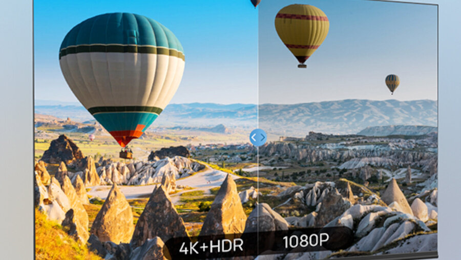 Obraz przedstawia porównanie jakości obrazu balonów na tle górskiego krajobrazu, z lewej strony oznaczone jako \'4K+HDR\', a z prawej jako \'1080P\'.