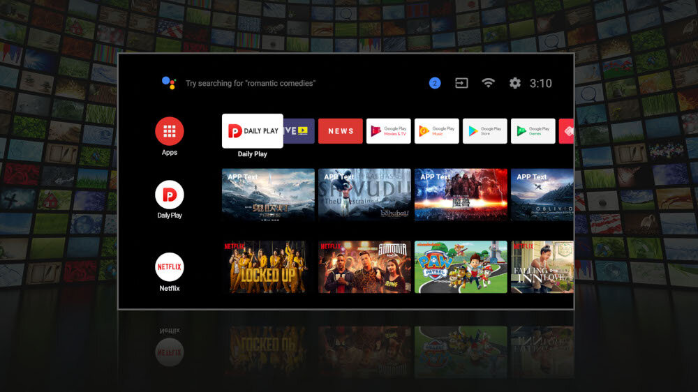 Ekran telewizora z interfejsem Google TV, na którym widoczne są ikony aplikacji takich jak Netflix, Daily Play oraz różne aplikacje do strumieniowania treści. Na górze ekranu znajduje się pasek wyszukiwania z tekstem \'Try searching for romantic comedies\' oraz ikony ustawień i godzina 3:10.