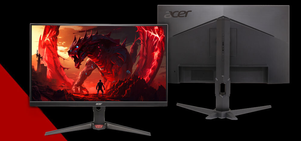 Na obrazie widoczny jest monitor z wyświetlonym dynamicznym obrazem przedstawiającym postać stojącą przed czerwonym smokiem. Z tyłu monitora znajduje się logo \'acer\'.