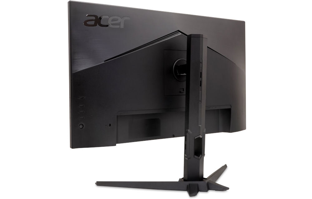 Monitor z czarną obudową widoczny od tyłu, z logo \'acer\' w lewym górnym rogu. Monitor stoi na podstawie o geometrycznym kształcie.
