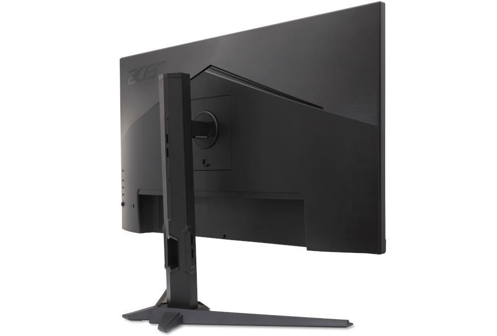Monitor o czarnej obudowie z widocznym logo ACER na tylnej części. Posiada solidną podstawę i regulowany uchwyt.