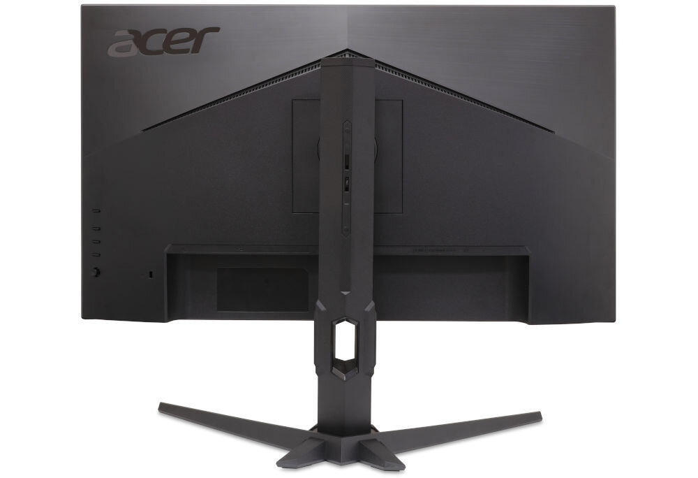 Monitor w kolorze czarnym widziany od tyłu z logo \'acer\' w lewym górnym rogu. Posiada solidną podstawę i centralnie umieszczony uchwyt.