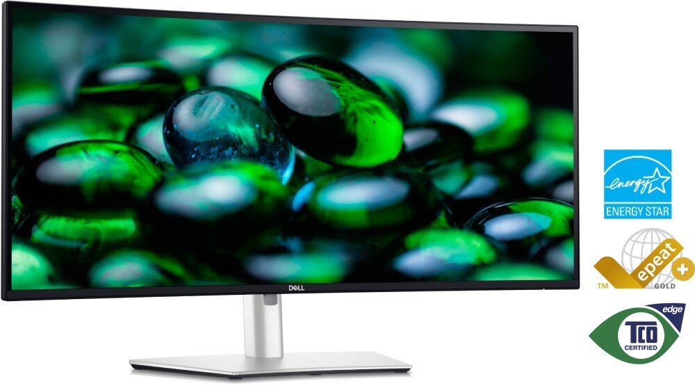Monitor z zakrzywionym ekranem wyświetla obraz z zielonymi i czarnymi kamieniami. Obok znajdują się trzy loga: ENERGY STAR, epeat gold oraz TCO Certified.