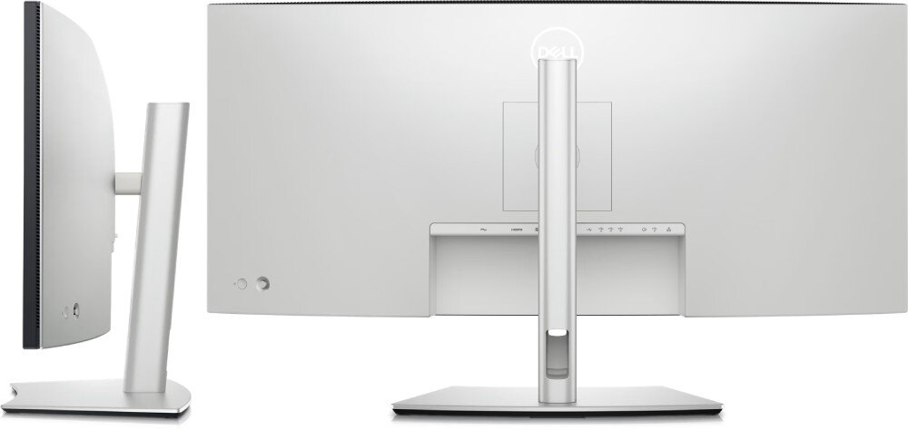 Obraz przedstawia tył i bok monitora w kolorze srebrnym z logo DELL. Monitor ma zakrzywiony ekran i stoi na prostokątnej podstawie.