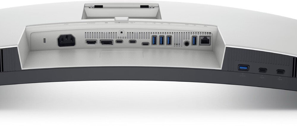 Zdjęcie przedstawia tylny panel monitora z różnymi portami, w tym HDMI, USB i Ethernet. Obudowa jest w kolorze jasnoszarym z ciemniejszym elementem na dole.