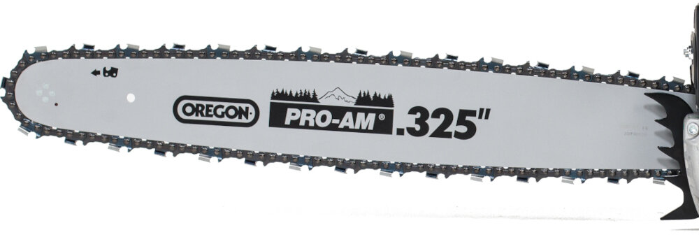 Na zdjęciu widoczny jest prowadnik piły łańcuchowej z napisami \'OREGON PRO-AM .325\