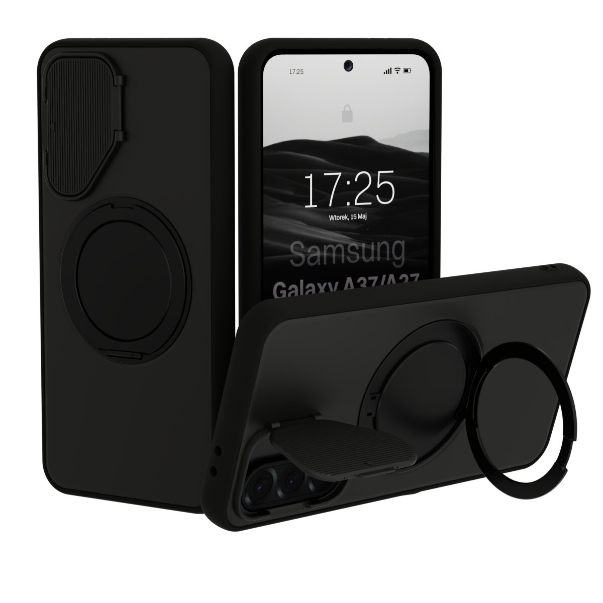 Na obrazie widoczne są trzy czarne etui do telefonu z okrągłym uchwytem i osłoną na aparat. Na ekranie telefonu wyświetla się godzina 17:25 oraz tekst \'Samsung Galaxy A37/A27\'.