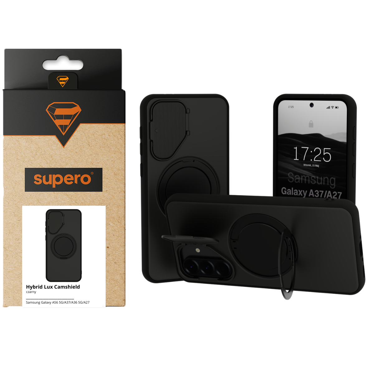 Na obrazie widoczne jest czarne etui do telefonu z funkcją ochrony aparatu, zaprezentowane w różnych ujęciach. Obok znajduje się opakowanie z logo \'supero\' i napisem \'Hybrid Lux Camshield czarny\'.