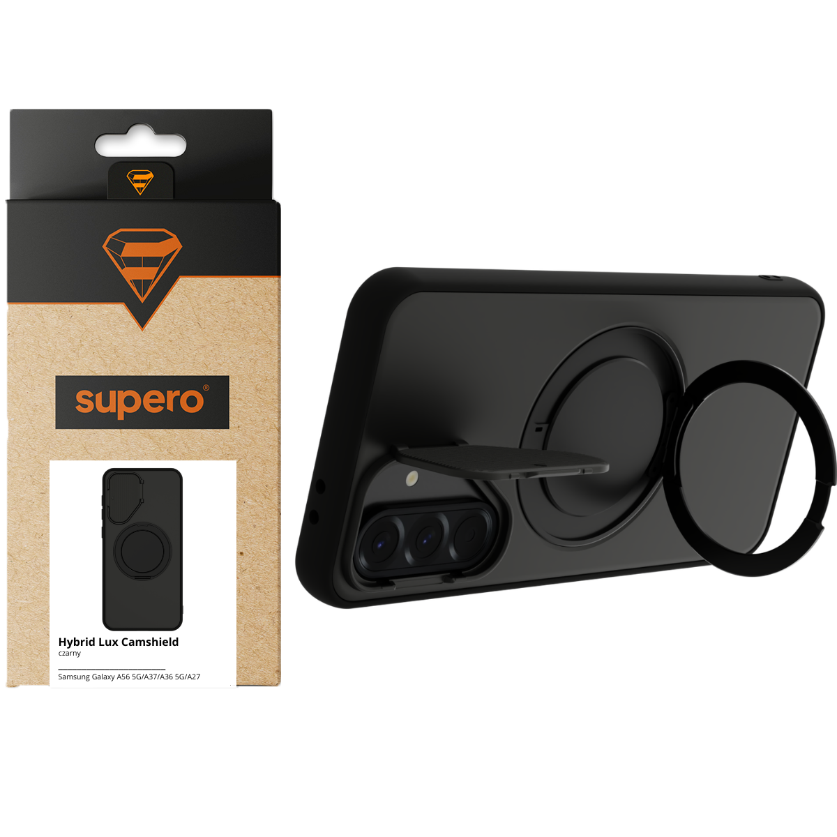 Na obrazie widoczne jest czarne etui z pierścieniem do telefonu, obok znajduje się opakowanie z logo \'supero\'. Na opakowaniu napisano: \'Hybrid Lux Camshield czarny Samsung Galaxy A56 5G/A37/A36 5G/A27\'.