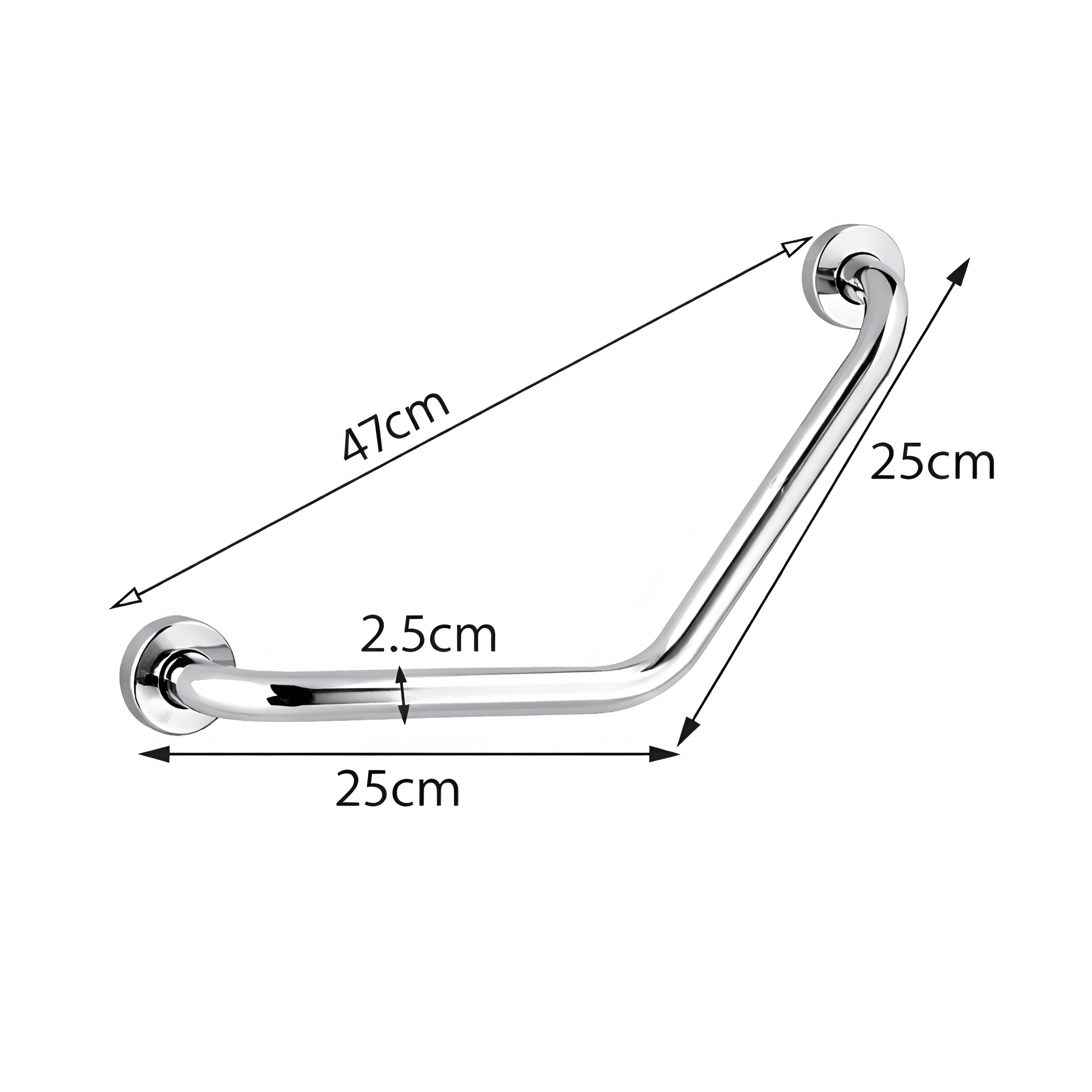 Chromowany uchwyt łazienkowy o skrzywionym kształcie z wymiarami: 47 cm, 25 cm i 2.5 cm. Widoczne są oznaczenia wymiarów na białym tle.