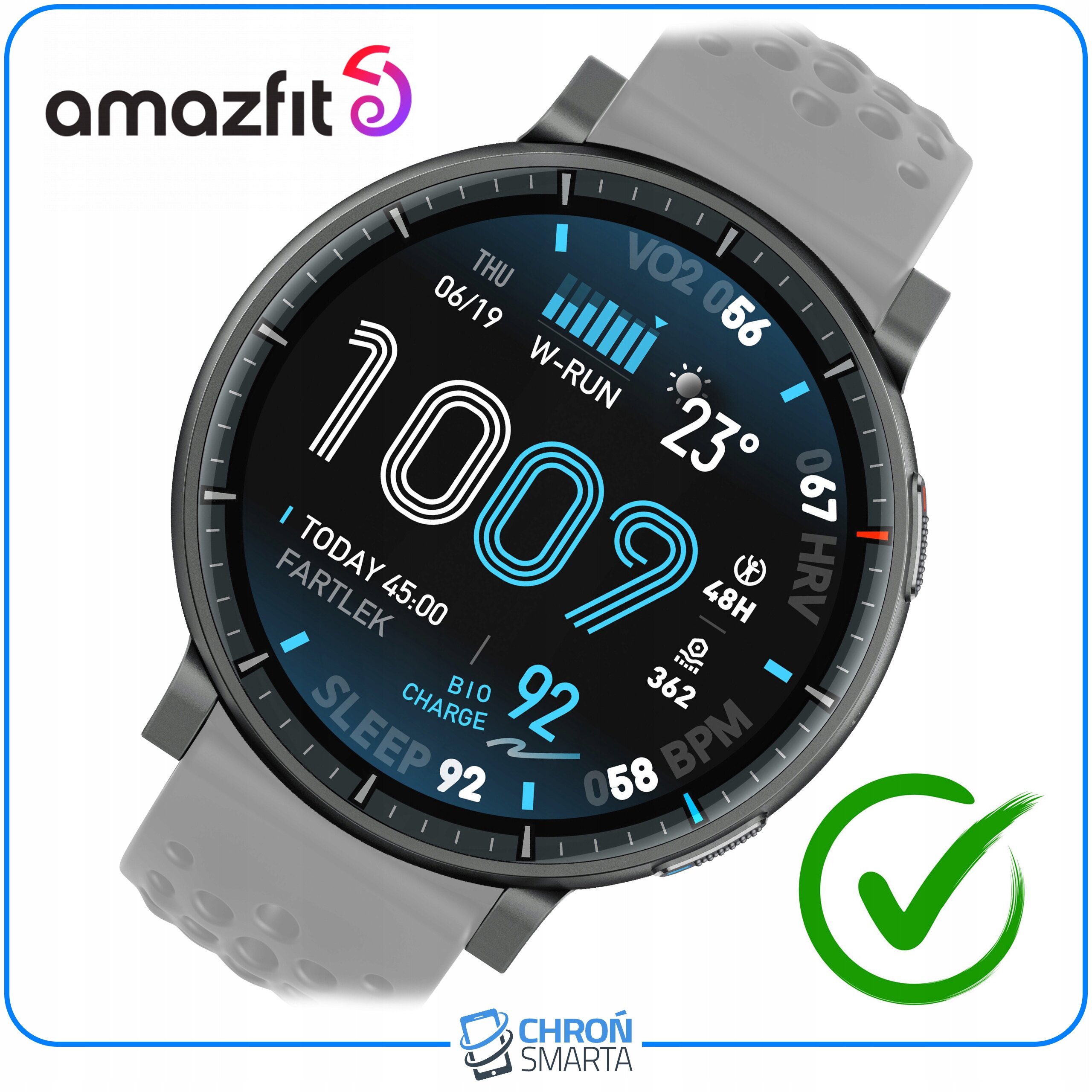 Na obrazie widoczny jest smartwatch z okrągłym wyświetlaczem, na którym pokazane są różne dane, takie jak liczba 1009, temperatura 23°C i inne wskaźniki. W lewym górnym rogu znajduje się logo \'amazfit\', a na dole logo \'CHROŃ SMARTA\' oraz zielony znak wyboru.