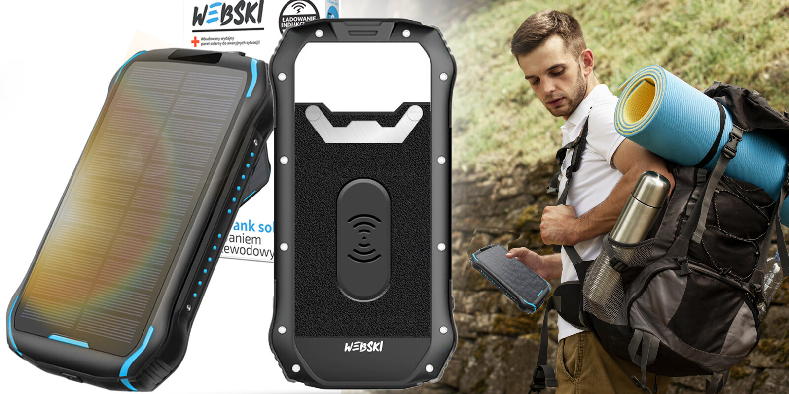 Obraz przedstawia dwa powerbanki z panelami solarnymi i logo \'WEBSKI\'. W tle widoczny jest mężczyzna z plecakiem, trzymający urządzenie elektroniczne.
