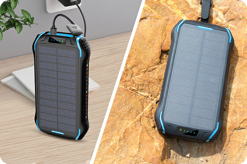 Obraz przedstawia solarny powerbank z niebieskimi akcentami, ładowany na biurku oraz leżący na kamieniu. Powerbank ma panel słoneczny i wskaźnik LED na obudowie.