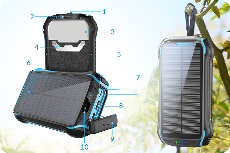 Obraz przedstawia solarny powerbank z panelami słonecznymi i kilkoma portami na boku. Urządzenie ma czarną obudowę z niebieskimi akcentami i jest pokazane w dwóch pozycjach: stojącej i leżącej.