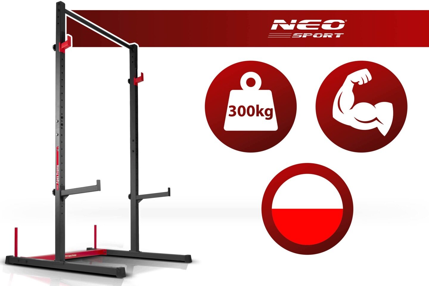 Obraz przedstawia stacjonarny stojak na sztangę z drążkiem do podciągania, oznaczony logo \'NEO SPORT\'. Obok znajdują się trzy ikony: ciężar z napisem \'300kg\', zarys bicepsa oraz okrąg w kolorach czerwonym i białym.