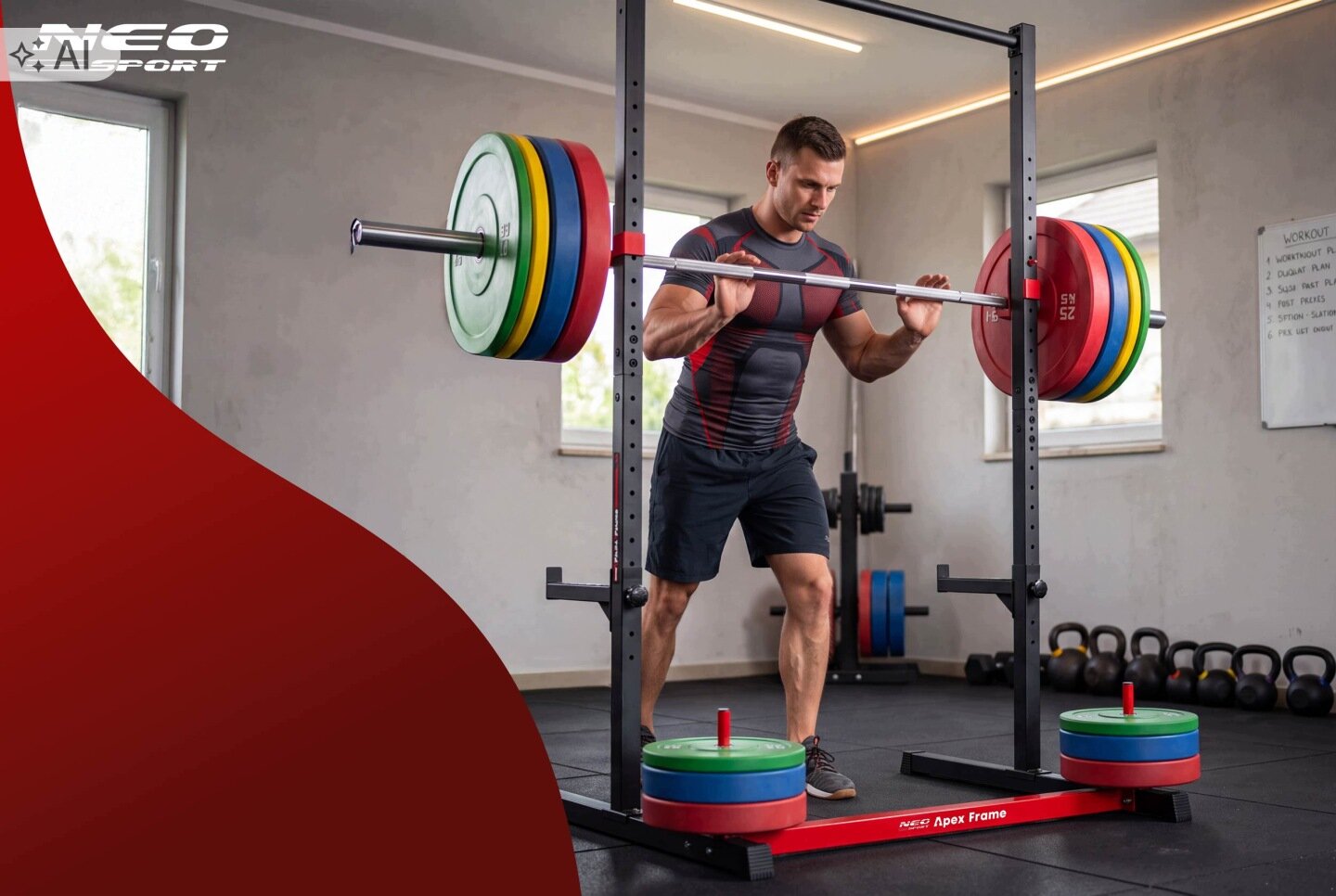 Mężczyzna ćwiczy z ciężarami na stacjonarnym stojaku na sztangę w pomieszczeniu treningowym. Na stojaku widoczne jest logo \'NEO Sport Apex Frame\'.