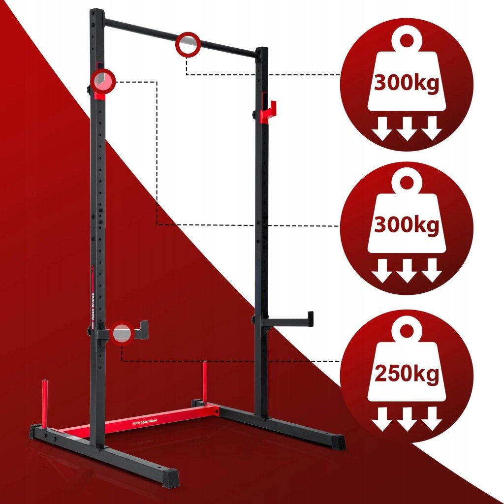 Stojak na sztangę w kształcie ramy z czarnymi i czerwonymi elementami, z oznaczeniami wytrzymałości: 300 kg, 300 kg i 250 kg. Tło jest czerwone z białymi ikonami przedstawiającymi ciężary.