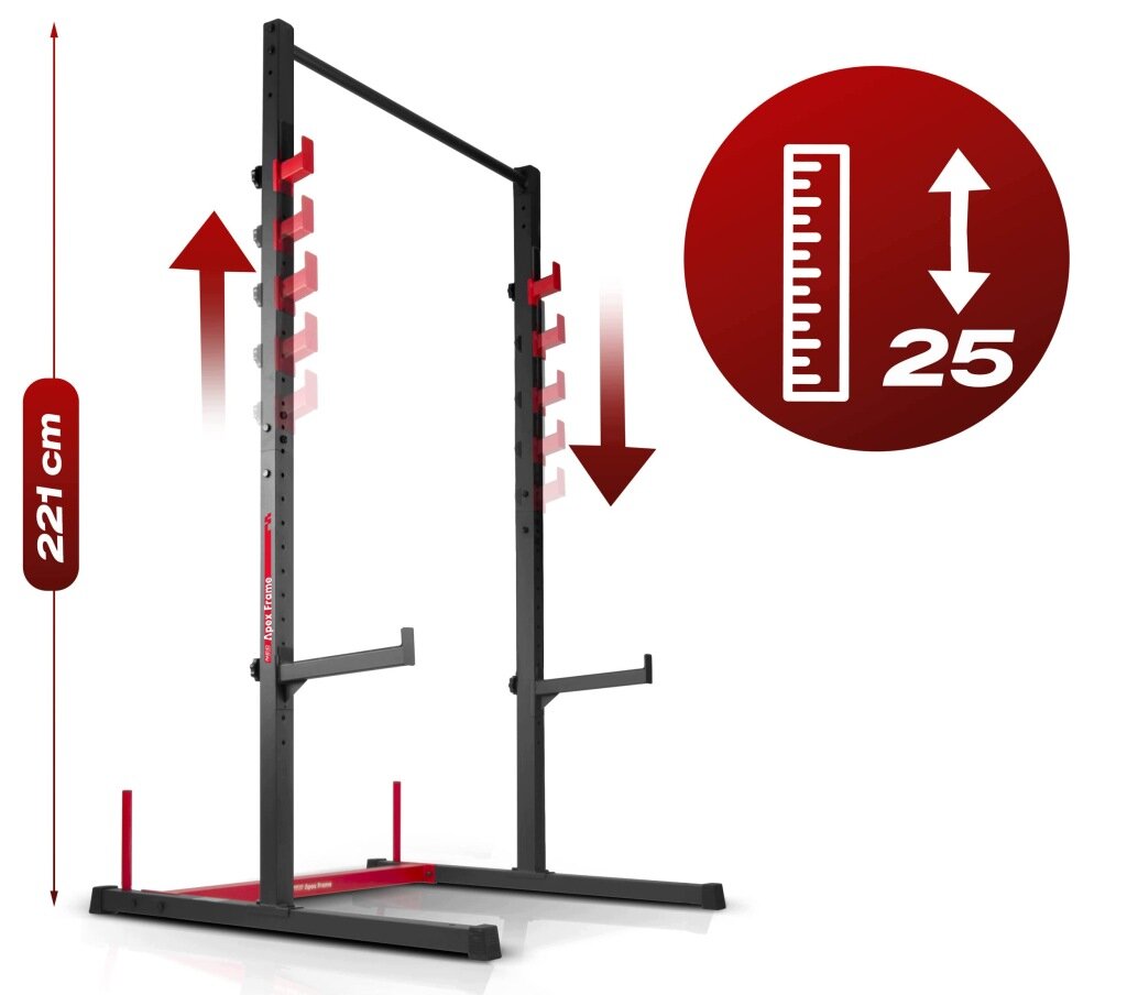Stojak na sztangę w kolorze czarnym z czerwonymi elementami, o wysokości 221 cm. Obok znajduje się ikona z miarką i liczbą 25.