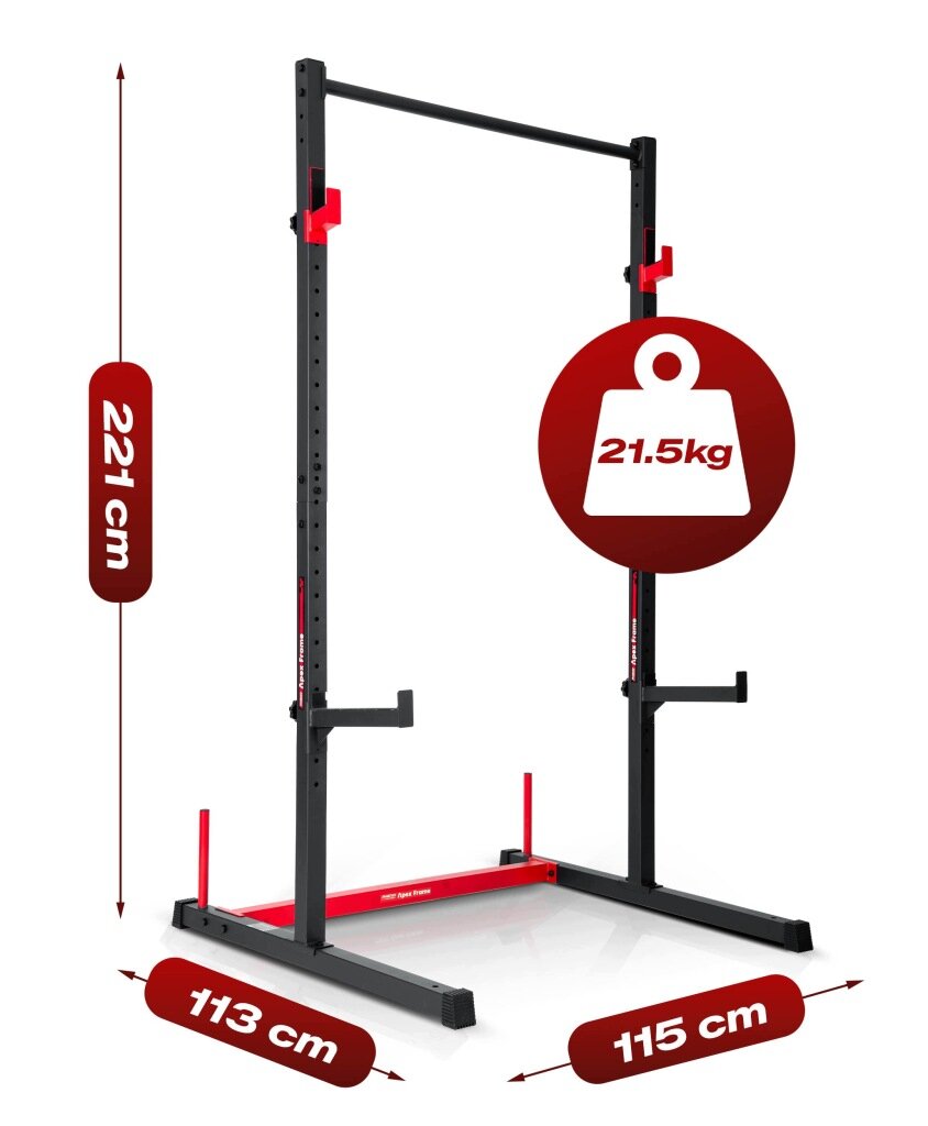 Stojak na sztangę w kolorze czarnym z czerwonymi elementami, o wymiarach 221 cm wysokości, 113 cm szerokości i 115 cm głębokości. Waga produktu wynosi 21.5 kg.