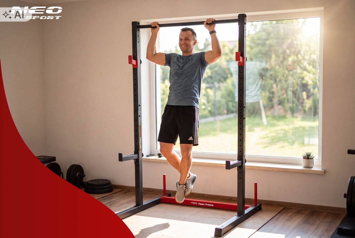 Osoba wykonuje podciąganie na drążku zamontowanym na stacjonarnym stojaku Neo-sport Apex Frame. W tle widoczne jest duże okno z widokiem na ogród.