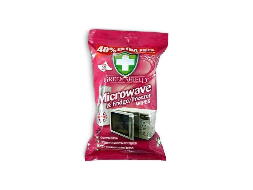 Opakowanie chusteczek czyszczących Green Shield do mikrofali i lodówki, zawierające 70 sztuk. Na opakowaniu widnieje napis \'40% EXTRA FREE\' oraz zdjęcie mikrofali i lodówki.