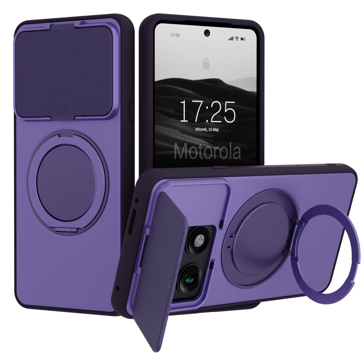 Fioletowe etui do telefonu z funkcją ochrony aparatu i podstawką, kompatybilne z MagSafe. Na ekranie telefonu widoczny jest napis \'Motorola\' oraz godzina 17:25, Wtorek, 15 Maj.
