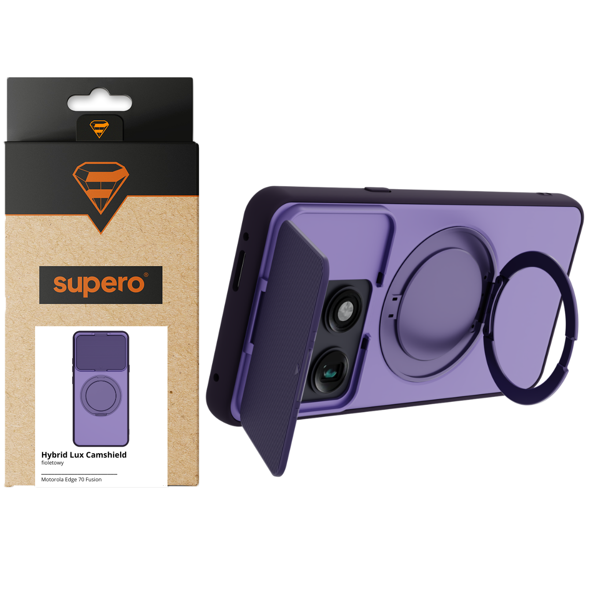 Fioletowe etui do telefonu z funkcją ochrony aparatu i podstawką, obok opakowanie z logo \'supero\' i napisem \'Hybrid Lux Camshield\'.