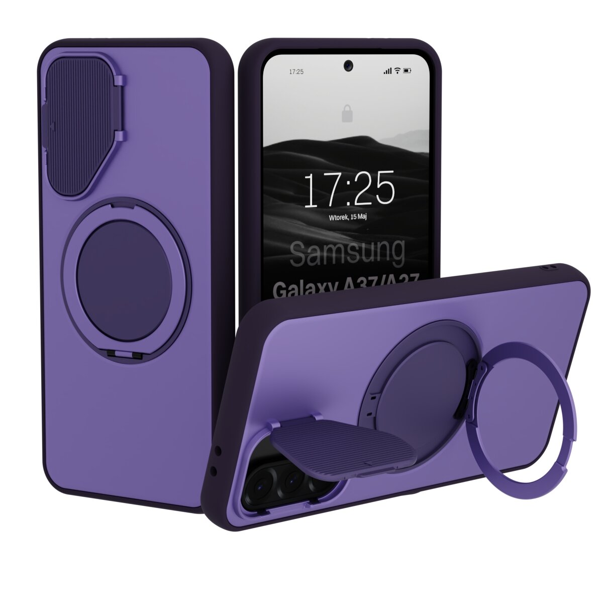 Fioletowe etui do telefonu z funkcją MagSafe i ochroną aparatu, widoczne z przodu i z tyłu. Na ekranie telefonu wyświetla się godzina 17:25 oraz tekst \'Samsung Galaxy A37/A27\'.