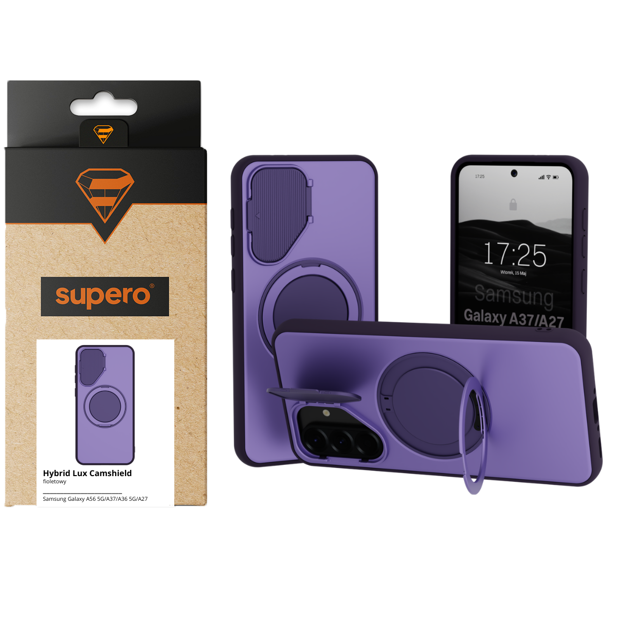 Fioletowe etui do telefonu z funkcją ochrony aparatu i pierścieniem do trzymania, zaprezentowane w opakowaniu z logo \'supero\'. Na ekranie telefonu widoczny jest napis \'Samsung Galaxy A37/A27\'.