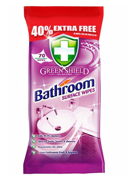 Opakowanie chusteczek czyszczących Green Shield Bathroom Surface Wipes z napisem \'40% Extra Free\'. Widoczne są informacje: \'Kills 99.9% Bacteria\', \'Ideal for baths, basins & showers\', \'Rejuvenates the shine\', \'Leaves bathrooms fresh & hygienic\'.