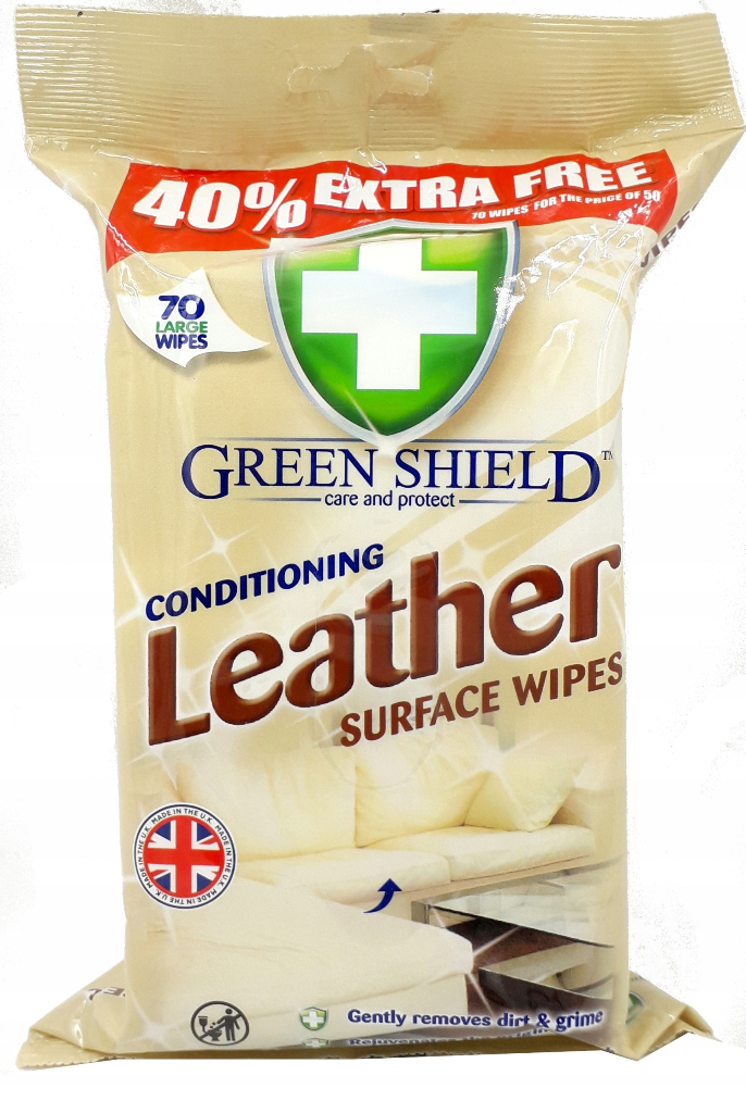 Opakowanie chusteczek nawilżanych Green Shield do czyszczenia i pielęgnacji skóry, zawierające 70 sztuk. Na opakowaniu widnieje napis \'40% EXTRA FREE\' oraz logo z zielonym krzyżem.