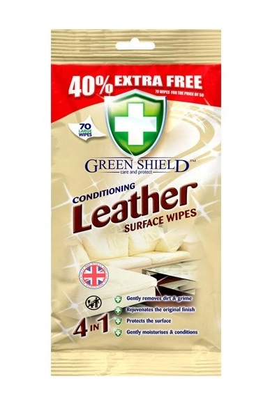 Opakowanie chusteczek do czyszczenia i pielęgnacji skóry marki Green Shield, zawierające 70 sztuk. Na opakowaniu widnieje napis \'40% EXTRA FREE\' oraz \'4 IN 1\'.
