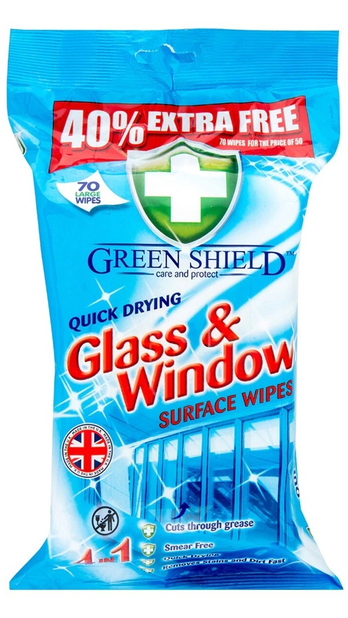 Opakowanie chusteczek do mycia szyb, luster i okien marki Green Shield, zawierające 70 sztuk. Na opakowaniu widnieje napis \'40% EXTRA FREE\' oraz \'Quick Drying Glass & Window Surface Wipes\'.
