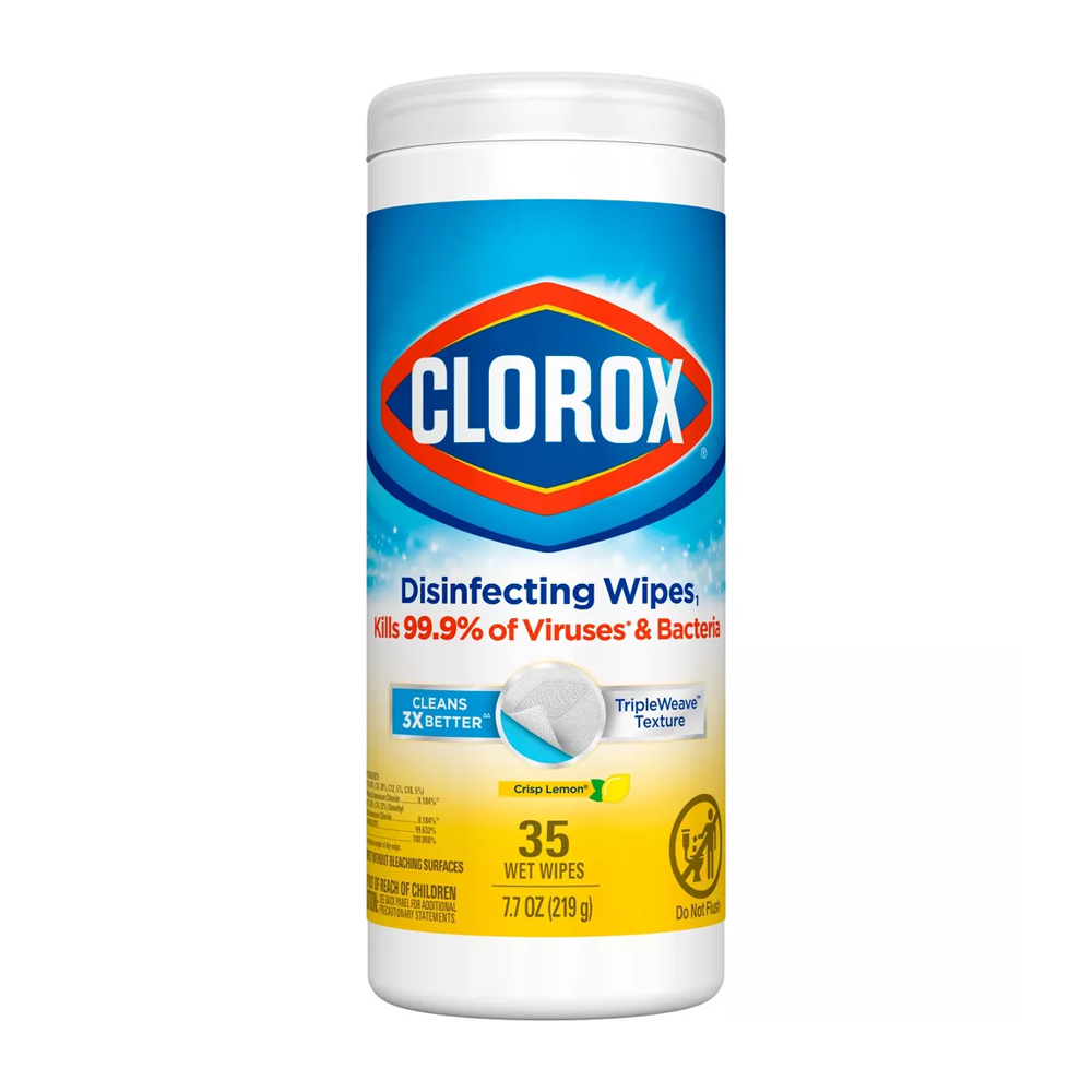 Opakowanie ściereczek dezynfekujących Clorox z napisem \'Disinfecting Wipes, Kills 99.9% of Viruses & Bacteria\'. Zawiera 35 ściereczek o zapachu Crisp Lemon, waga 7.7 oz (219 g).
