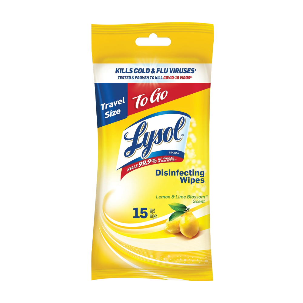 Opakowanie ściereczek czyszczących Lysol z napisem \'Kills 99.9% of Viruses & Bacteria\' oraz \'Lemon & Lime Blossom Scent\'. Widoczna jest grafika cytryn i napis \'15 Wet Wipes\'.