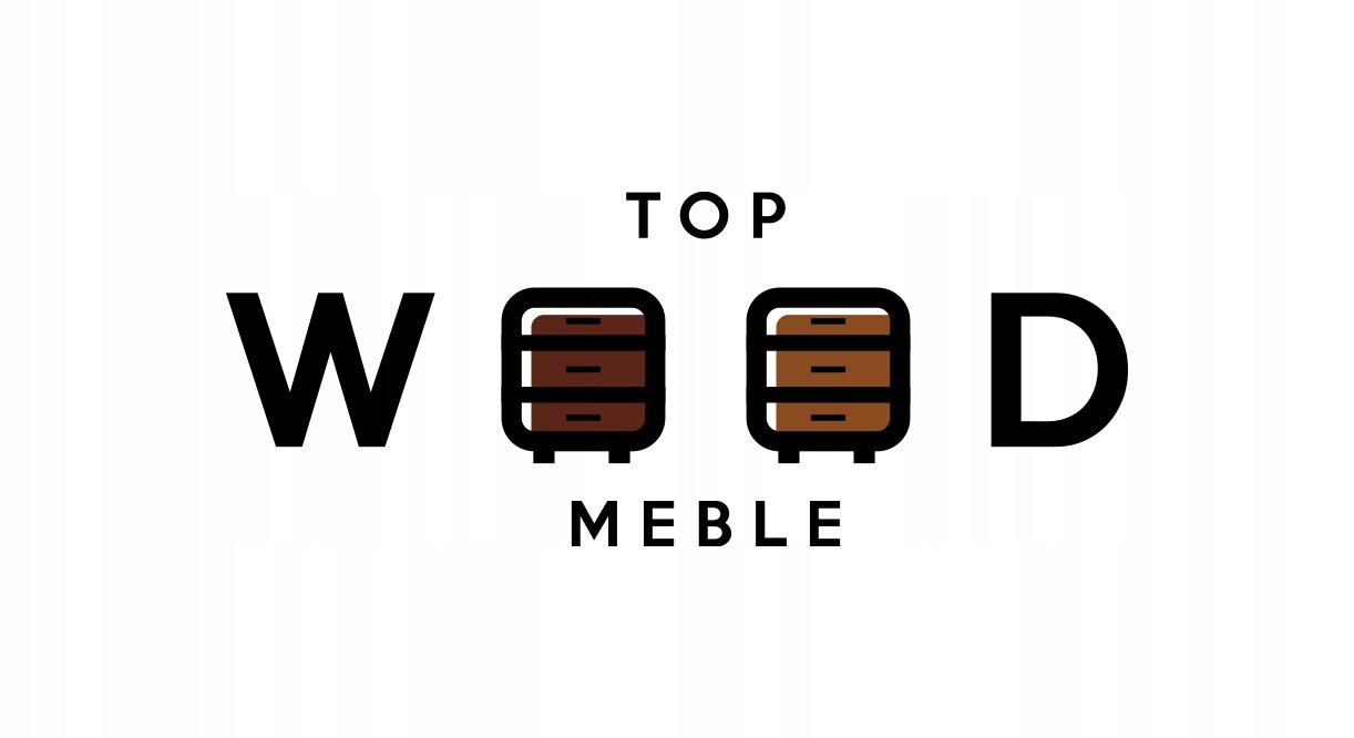 Logo z napisem \'TOP WOOD MEBLE\', gdzie litera \'O\' jest zastąpiona ikoną komody z trzema szufladami.