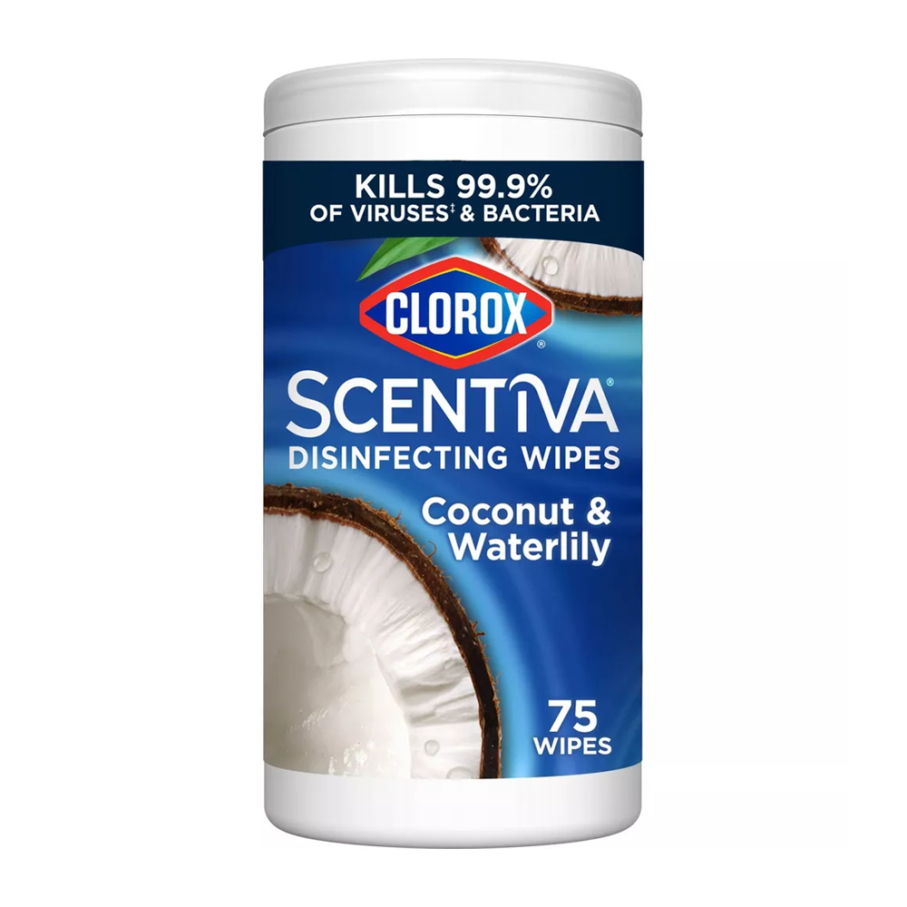 Opakowanie chusteczek dezynfekujących Clorox Scentiva o zapachu Coconut & Waterlily, zawierające 75 sztuk. Na etykiecie widnieje napis \'Kills 99.9% of viruses & bacteria\'.