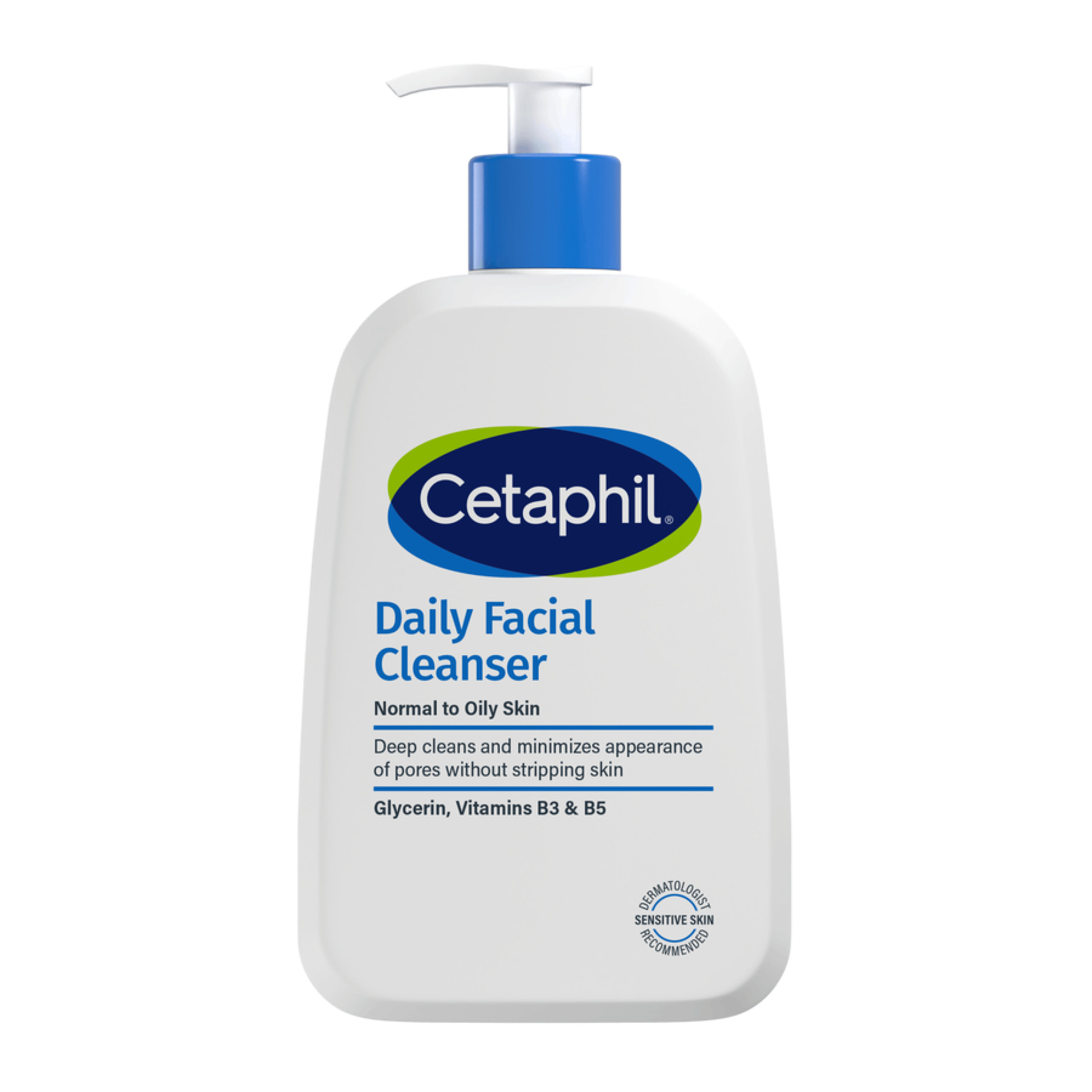 Biała butelka z niebieską pompką, na której widnieje logo \'Cetaphil\'. Tekst na butelce: \'Daily Facial Cleanser Normal to Oily Skin Deep cleans and minimizes appearance of pores without stripping skin Glycerin, Vitamins B3 & B5\'.