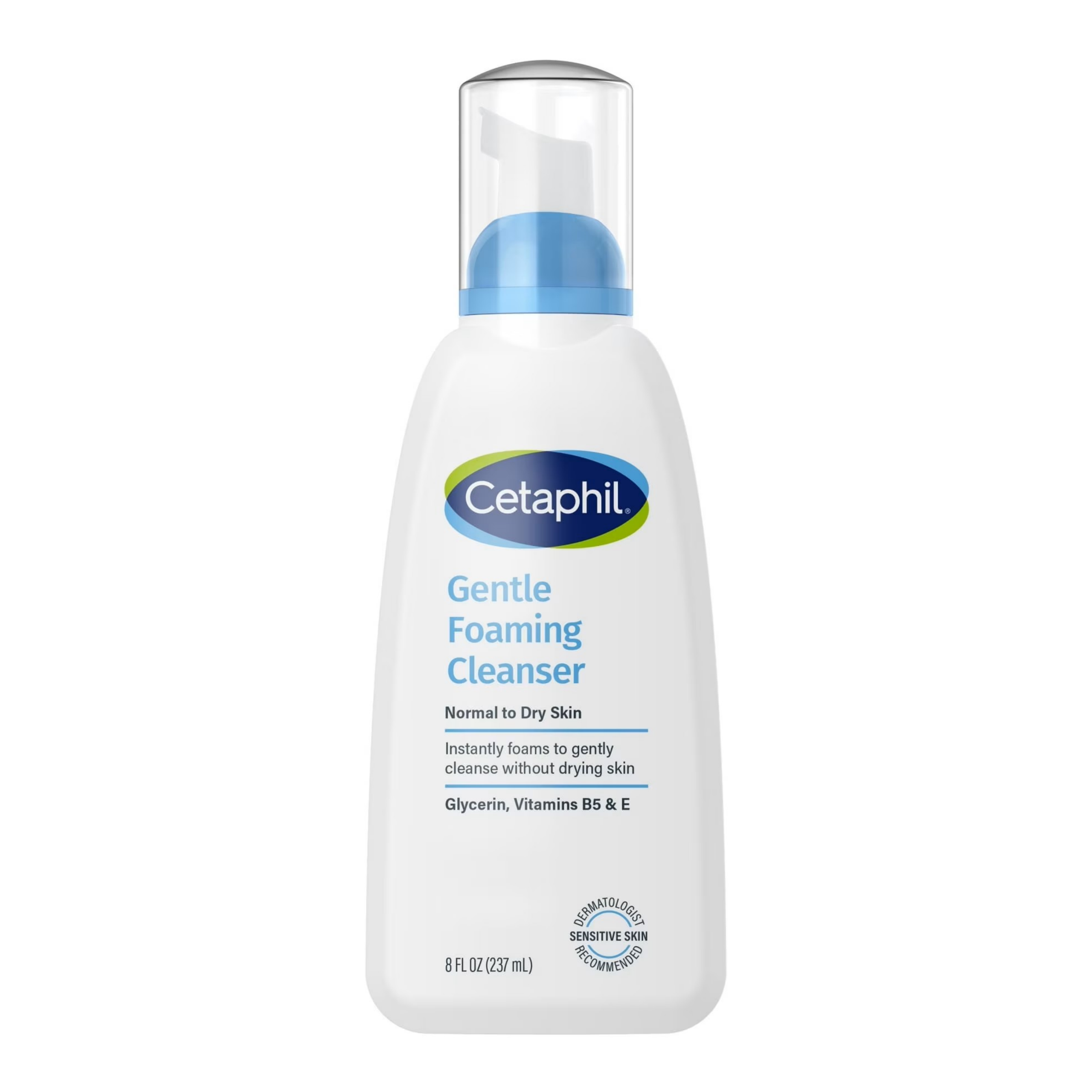 Biała butelka z przezroczystą nakrętką i niebieskim dozownikiem, na której widnieje logo \'Cetaphil\' oraz tekst: \'Gentle Foaming Cleanser Normal to Dry Skin Instantly foams to gently cleanse without drying skin Glycerin, Vitamins B5 & E 8 FL OZ (237 mL)\'.