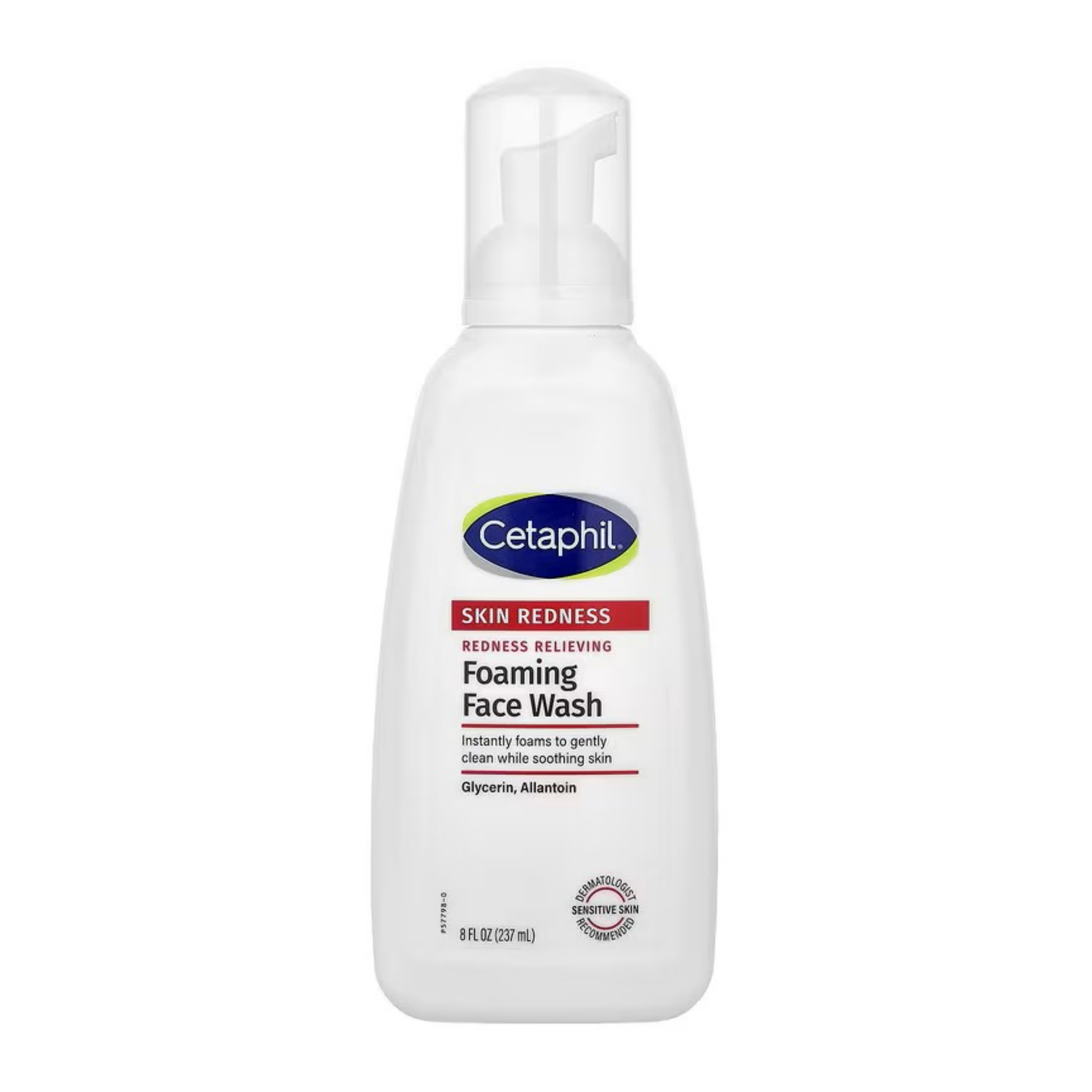 Biała butelka z pompką zawiera produkt Cetaphil Skin Redness Redness Relieving Foaming Face Wash o pojemności 237 ml. Na etykiecie widnieje tekst: \'Instantly foams to gently clean while soothing skin, Glycerin, Allantoin\'.