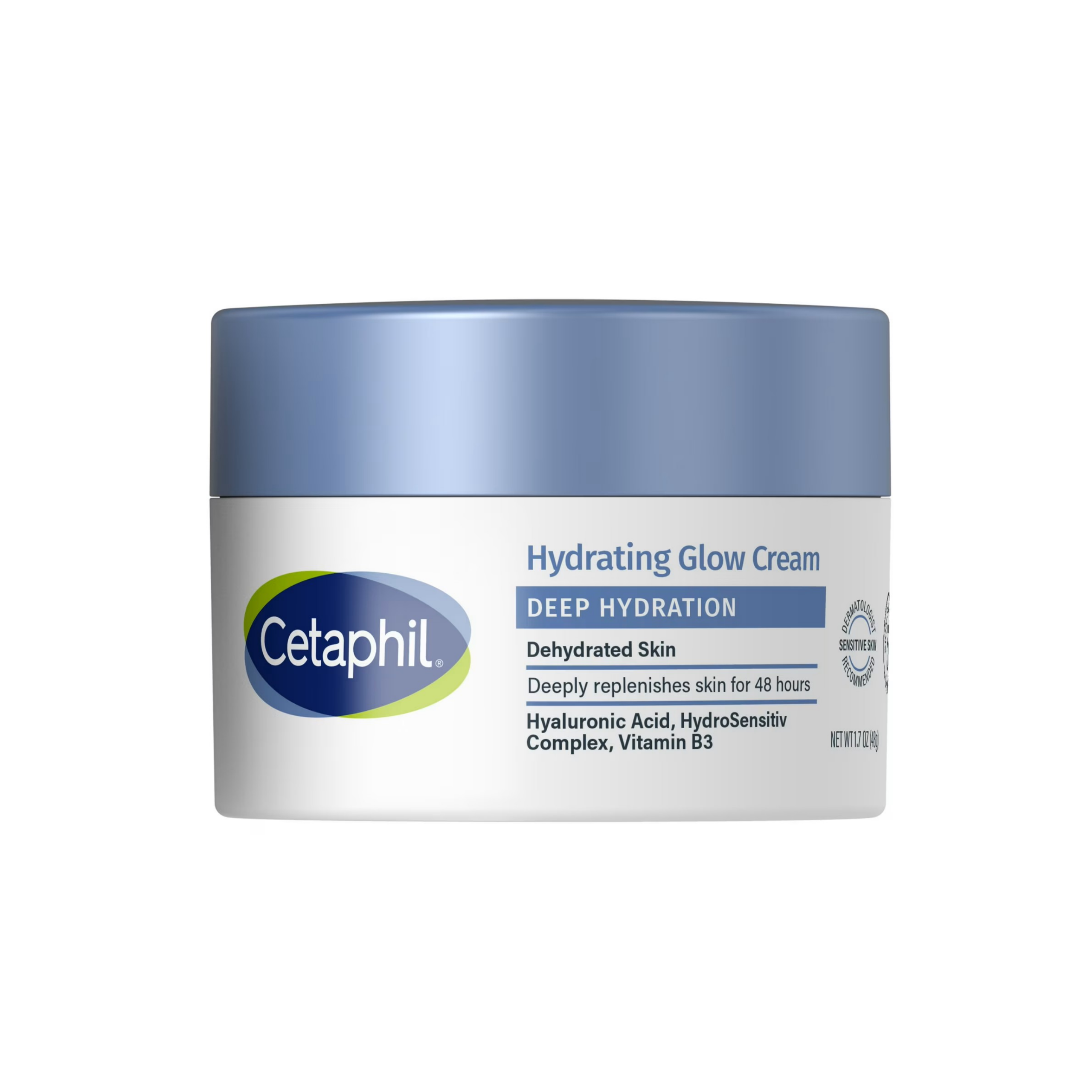 Opakowanie kremu nawilżającego Cetaphil Deep Hydration o pojemności 48 g z niebieską nakrętką. Na etykiecie widnieje tekst: \'Hydrating Glow Cream, Deep Hydration, Dehydrated Skin, Deeply replenishes skin for 48 hours, Hyaluronic Acid, HydroSensitiv Complex, Vitamin B3\'.