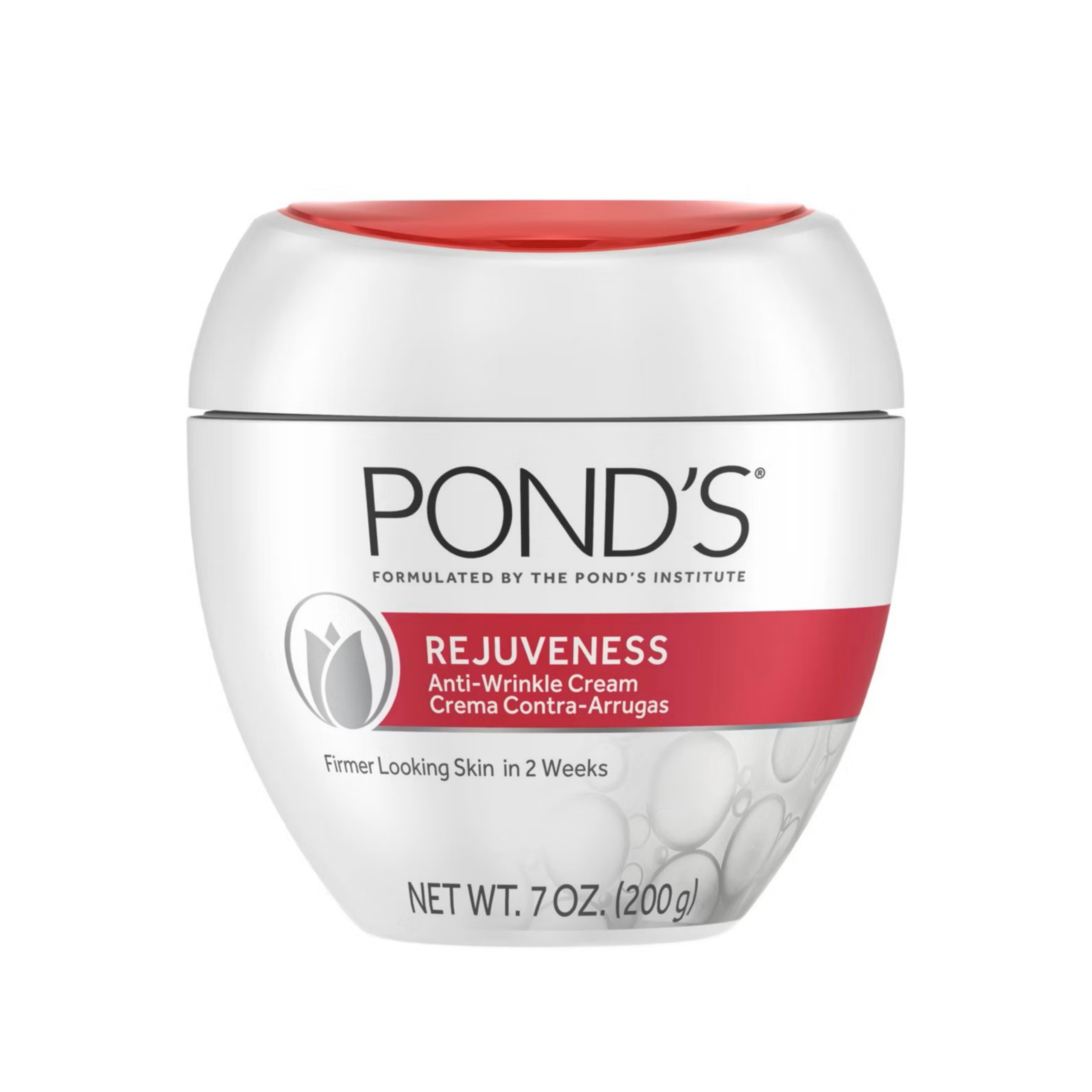 Biały słoik z czerwonym wieczkiem, na którym widnieje napis \'POND\'S REJUVENESS Anti-Wrinkle Cream Crema Contra-Arrugas\'. Poniżej znajduje się informacja \'Firmer Looking Skin in 2 Weeks NET WT. 7 OZ. (200g)\'.