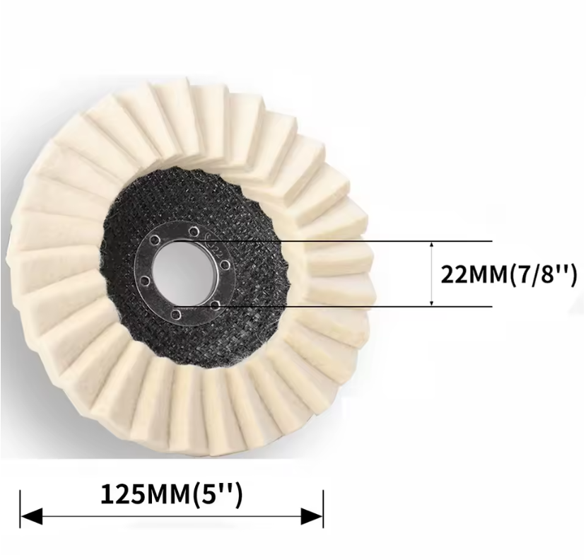 Obraz przedstawia tarczę polerską filcową o średnicy 125 mm z lamelkową strukturą. Widoczne są wymiary: 125MM(5\'\') oraz 22MM(7/8\'\').