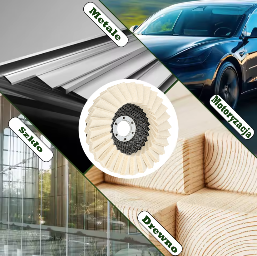 Obraz przedstawia tarczę polerską filcową na tle czterech różnych materiałów: metalu, szkła, drewna i motoryzacji. Każdy materiał jest oznaczony etykietą: \'Metale\', \'Szkło\', \'Drewno\', \'Motoryzacja\'.